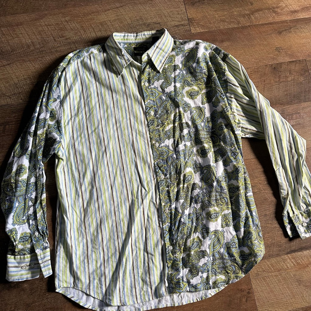 Men's Attitude SOHO Casual Button Down Shirt XXL White Green Paisley Striped